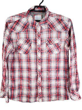 Mens BKE Vintage Red White & Blue Plaid Pearl Snap Shirt Long Sleeve Size XL